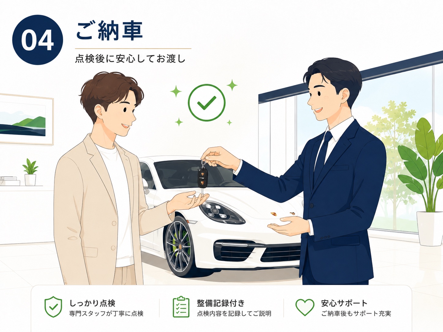 点検を終えた車の鍵を受け取り納車される様子