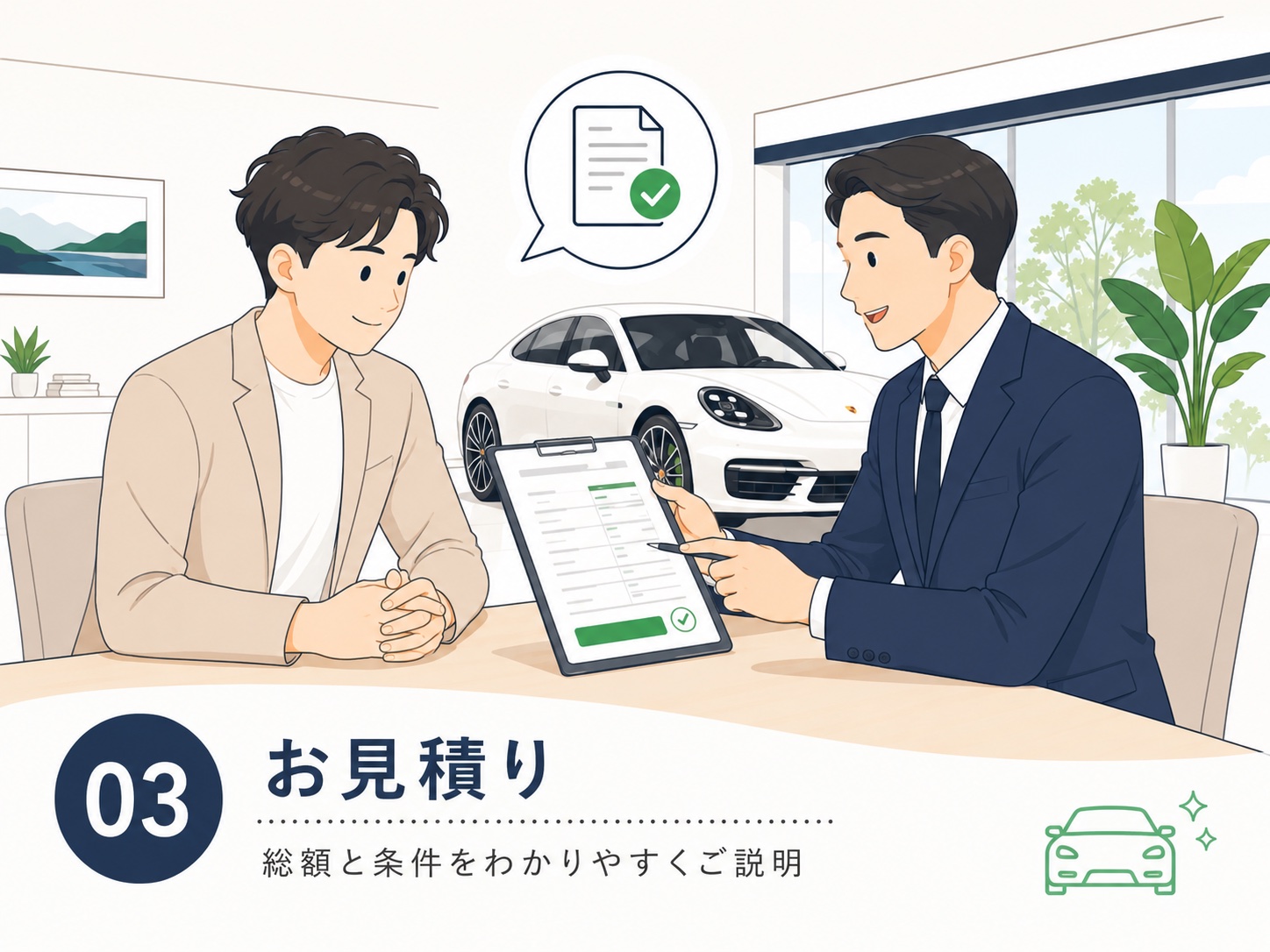 商談スペースで見積りの説明を受ける様子