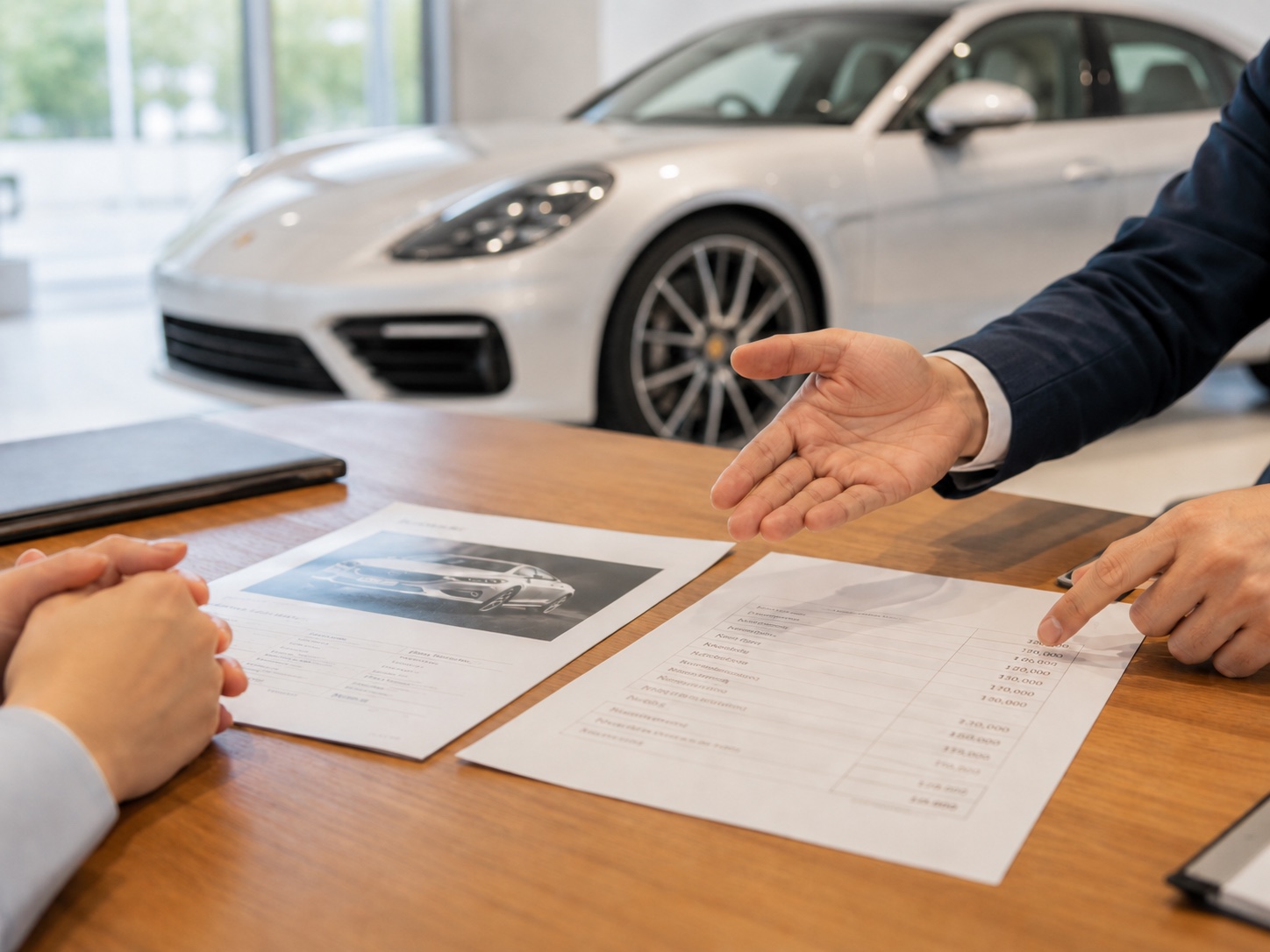 車両を前に総額と見積書について説明する商談の様子